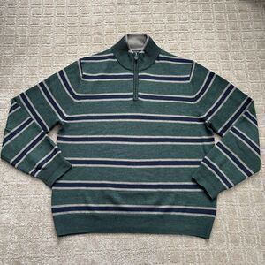 Brooks Brothers 100% Wool 1/4 Zip Sweater Green Stripes Mens L Preppy Academia
